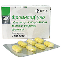 ФРОМИЛИД УНО  - Антибиотики
Фармакологическое действие 

Антибактериальное (бактериостатическое), противоязвенное. При приеме внутрь быстро и достаточно полно абсорбируется. Пища замедляет всасывание, существенно не влияя на биодоступность. В плазме связывается с сывороточными белками. Сразу окисляется в печени с образованием основного метаболита 14-гидроксикларитромицина (обладает выраженной противомикробной активностью в