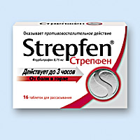 СТРЕПФЕН - Антисептические средства
Преперат применяют в качестве симптоматического средства для облегчения боли в горле при инфекционно-воспалительных заболеваниях полости рта и глотки.

